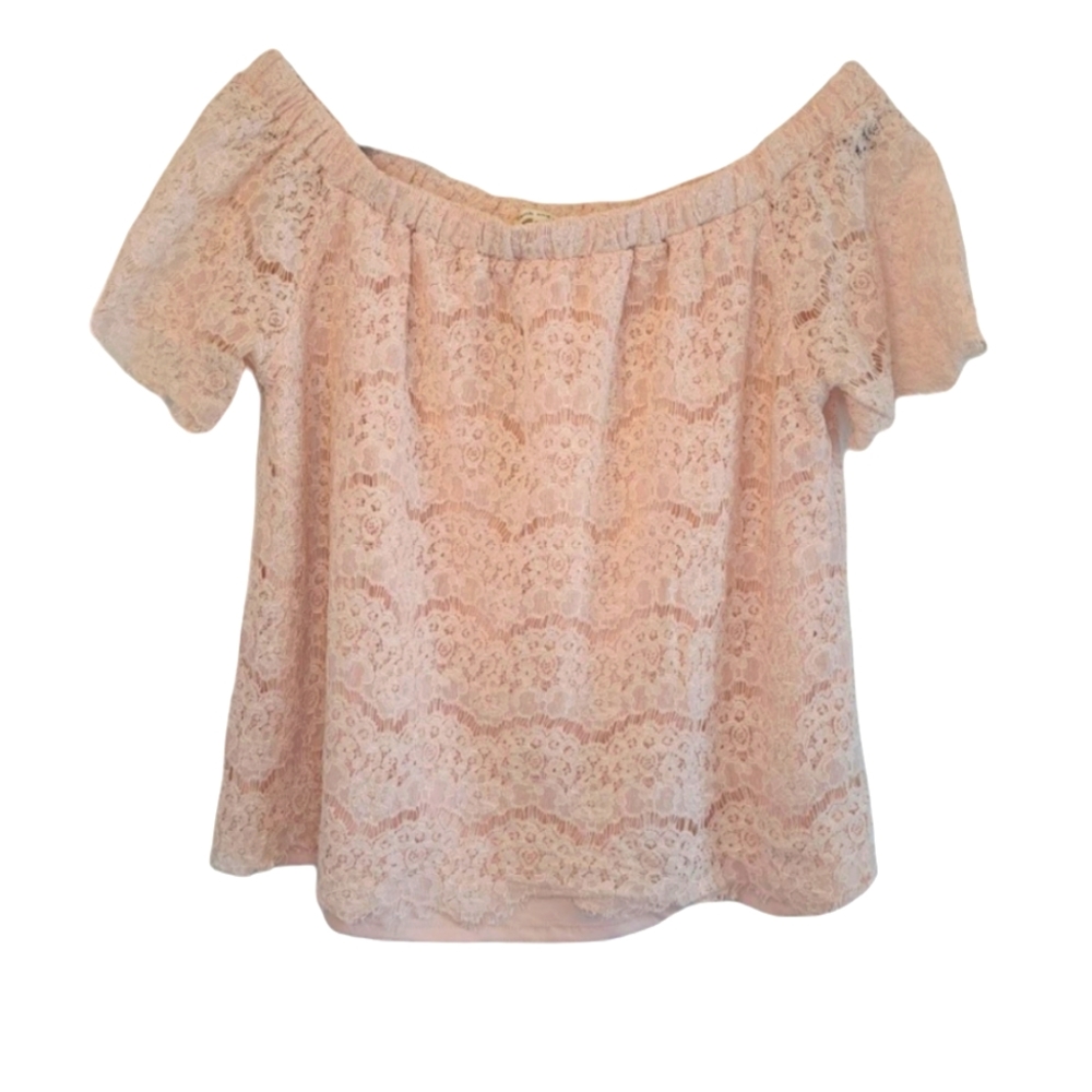 Faith and Joy by Monteau Pink Lace Overlay Blouse Plus Size 2X